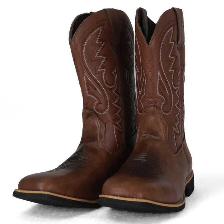 Slip-on men's mid-calf cowboy boots, square toe, offering timeless style & everyday comfort.
