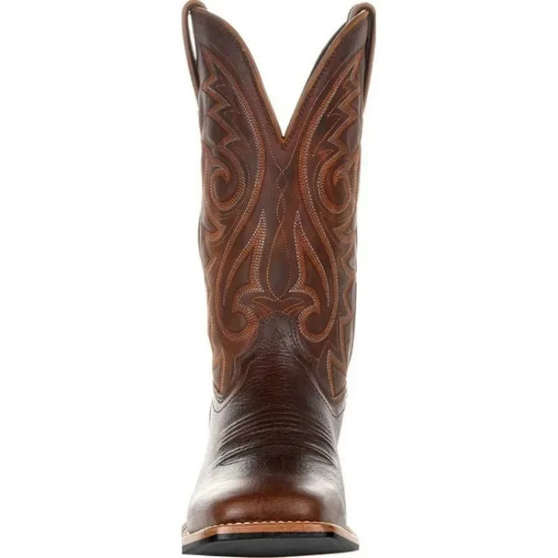 Rugged men's western square toe boots, built for durability & comfort, a classic cowboy boot style.