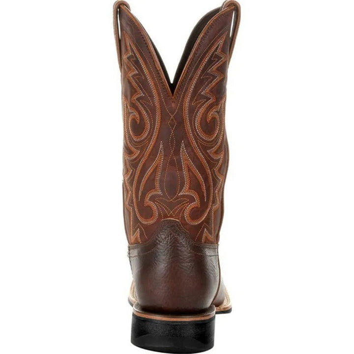 Men's classic square toe western cowboy boots, mid-calf, easy slip-on, rugged and comfortable.