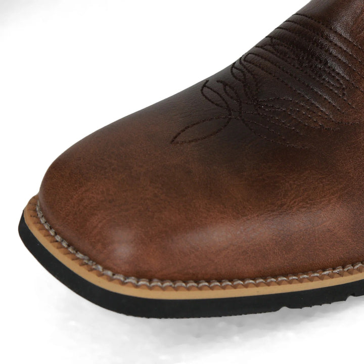 Easy slip-on men's square toe western boots, mid-calf, offering rugged style and lasting comfort.