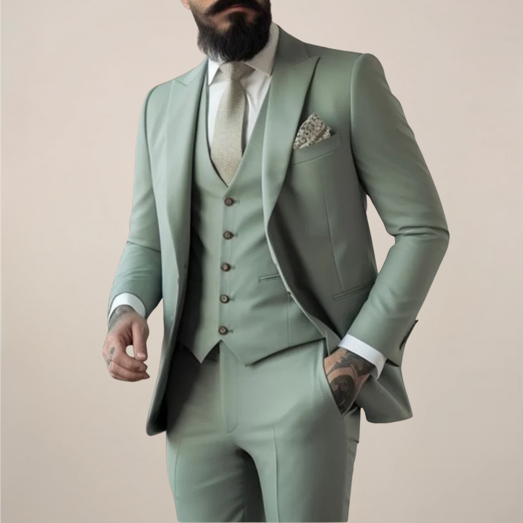 Men's sage green modern three-piece tailored suit set, perfect men's fashion for spring weddings or formal events