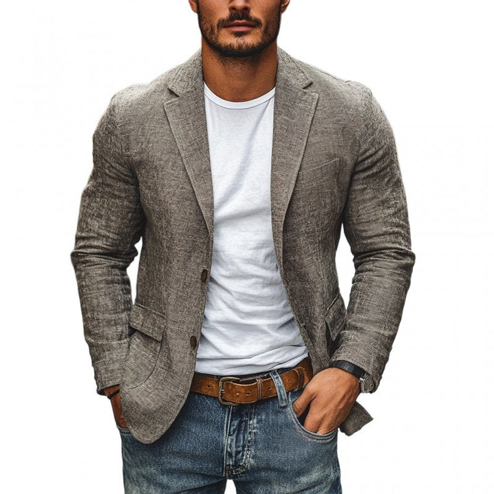 Men's sharp single-breasted slim fit blazer in classic navy, perfect for smart casual or business wear.