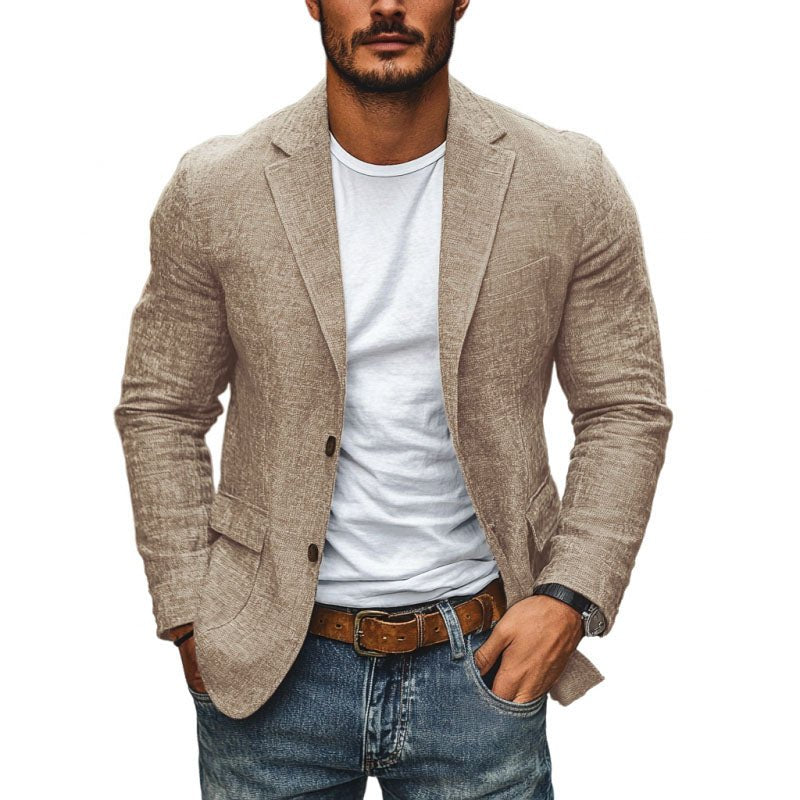 Stylish men's gray single-breasted slim fit blazer, ideal for summer business casual or evening events.