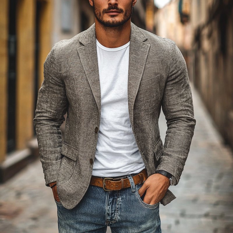 Vibrant blue single-breasted men's slim fit blazer, lightweight & sharp for business meetings or casual outings.