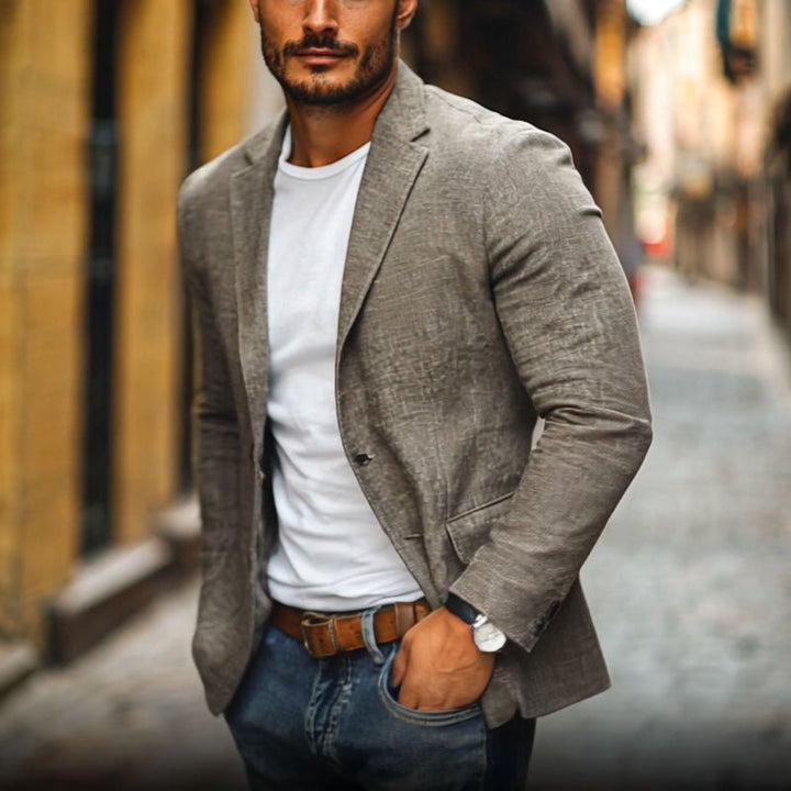 Sharp single-breasted slim fit men's blazer, a versatile wardrobe essential for modern smart casual and formal looks.