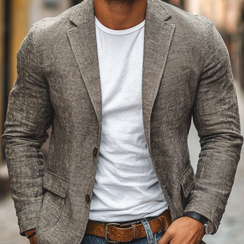 Versatile men's slim fit blazer, single-breasted design for smart casual, business, or formal summer events.