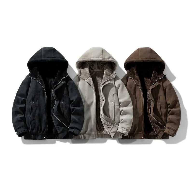 Zoomed-in photo of the hood drawstring on a men's sherpa-lined winter jacket