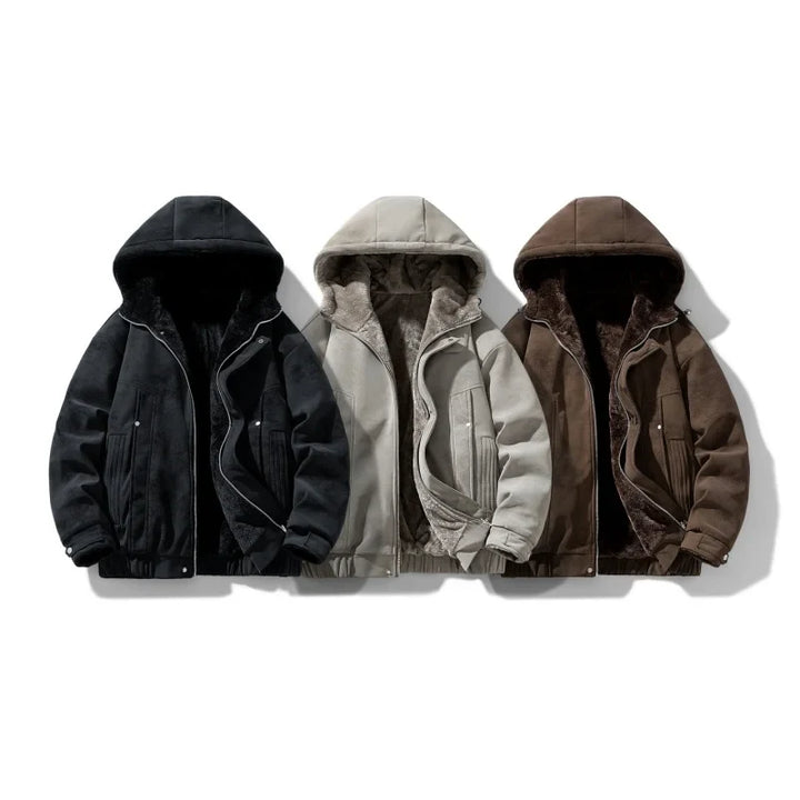 Zoomed-in photo of the hood drawstring on a men's sherpa-lined winter jacket