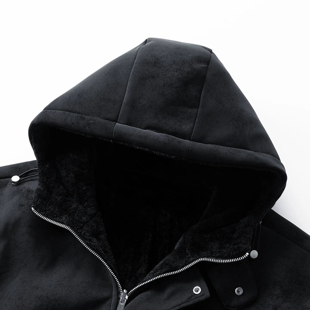 Stylish men's sherpa-lined hooded jacket, a versatile full-zip winter coat for casual wear