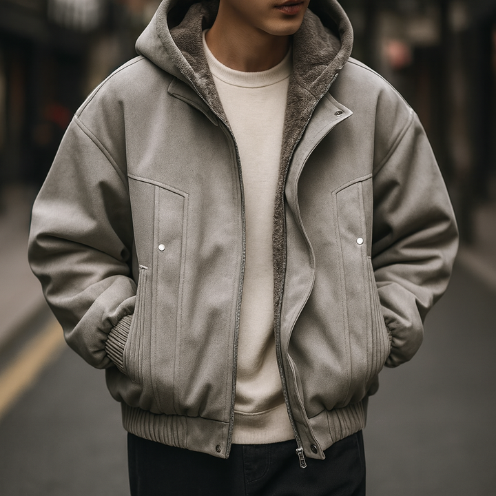Close-up of sherpa lining in men's full-zip hooded jacket, cozy and warm