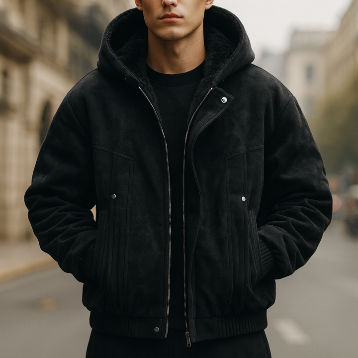 Front view of a man wearing a black sherpa-lined hooded jacket, ideal winter coat