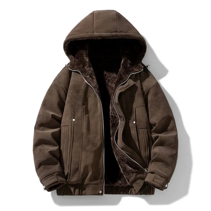 Detailed image of the zipper on a men's sherpa-lined hooded jacket, full-zip closure