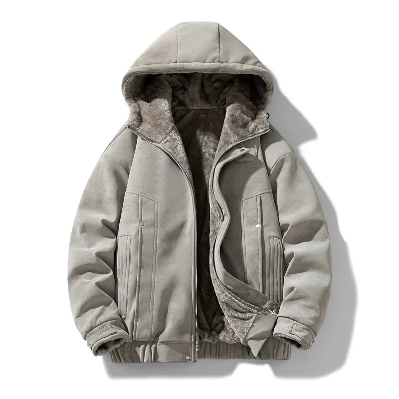 Back view of a warm men's sherpa-lined full-zip hooded jacket, winter outerwear