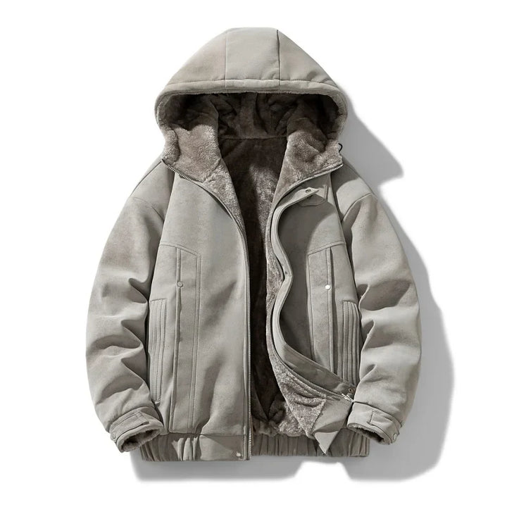 Back view of a warm men's sherpa-lined full-zip hooded jacket, winter outerwear