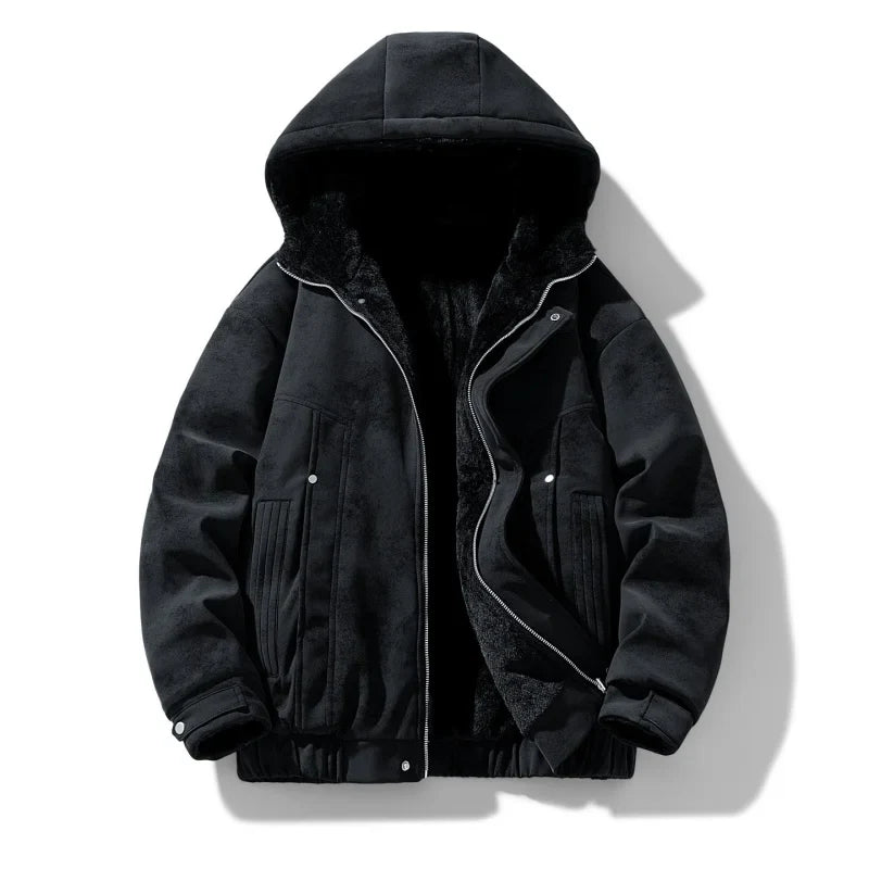 Close-up of the fabric texture on a men's sherpa-lined full-zip hooded jacket
