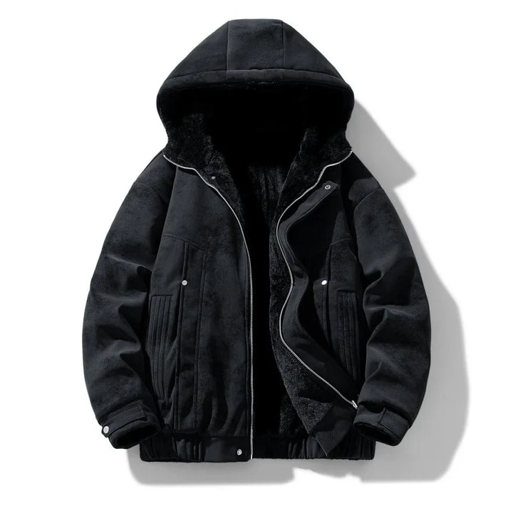 Close-up of the fabric texture on a men's sherpa-lined full-zip hooded jacket