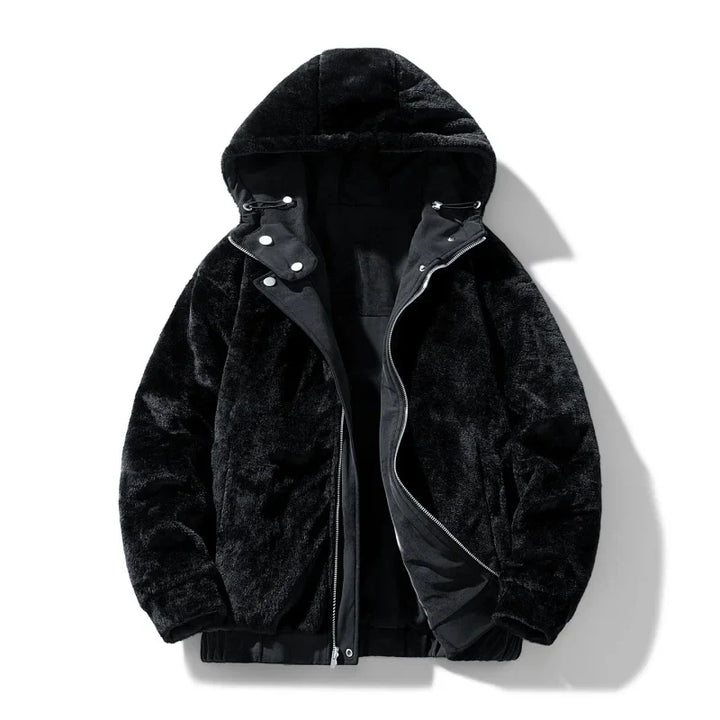 Men's gray sherpa-lined hooded jacket laid flat, focusing on full-zip detail, warm coat