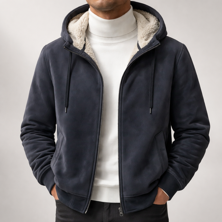 Close-up of the Sherpa lining in a men's hooded jacket, highlighting its warmth
