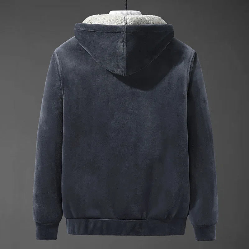 Detail of the durable fabric and cozy sherpa interior of a men's winter coat