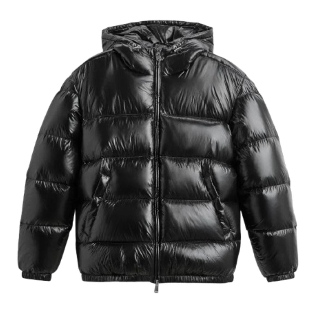 Men's shiny black quilted puffer jacket with hood, ideal for winter outerwear and insulated warmth