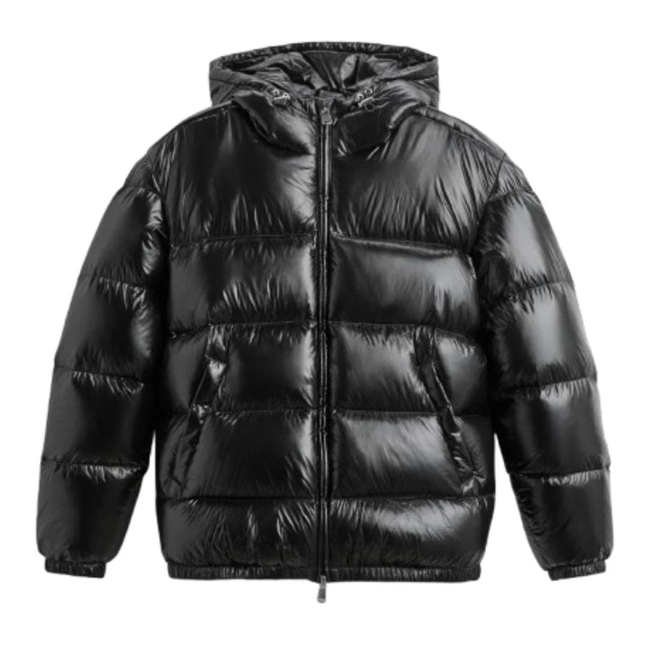 Men's shiny black quilted puffer jacket with hood, ideal for winter outerwear and insulated warmth