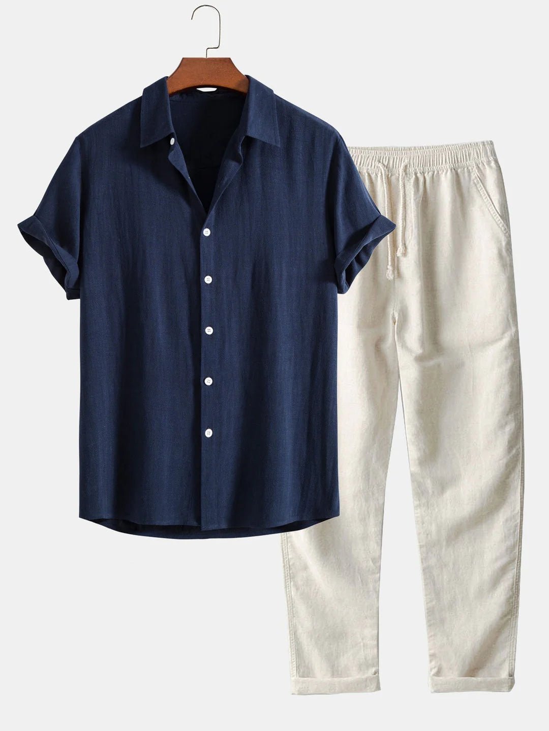 Men's shirt & pants set with stylish rolled cuffs, perfect for summer casual wear.
