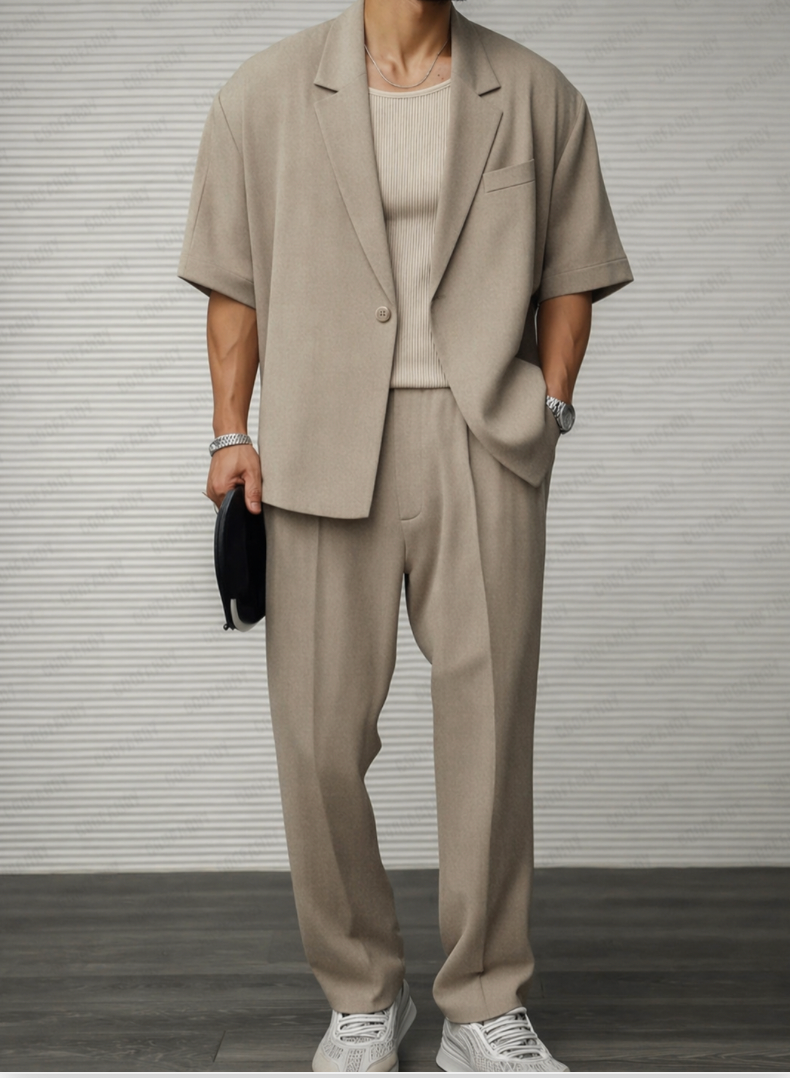 Men's short sleeve blazer & tailored trousers. Versatile two-piece set for smart casual, business, or formal summer events.