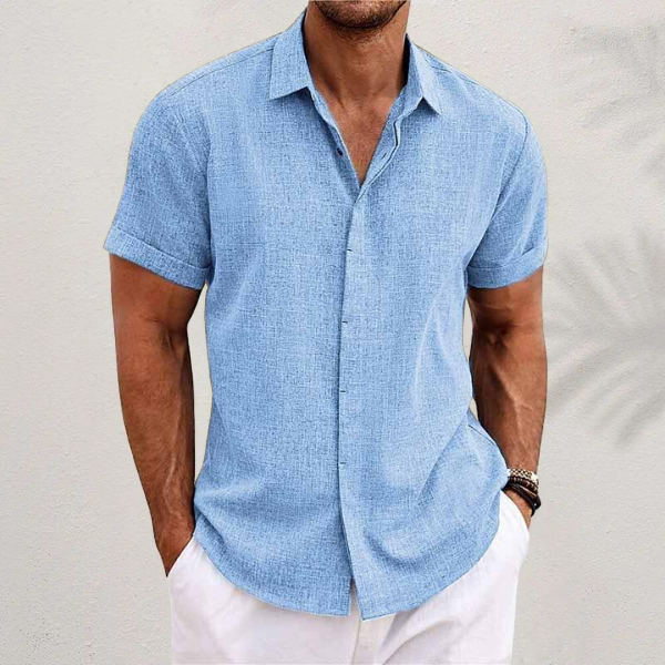 Trendy men's short sleeve casual button-down for summer style, perfect for beach and everyday wear.