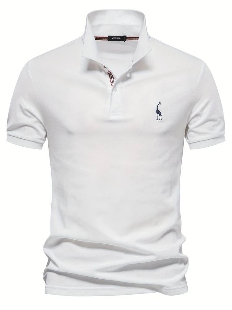 Men's golf polo shirt, short sleeve, featuring an elegant embroidered giraffe, suitable for the course.