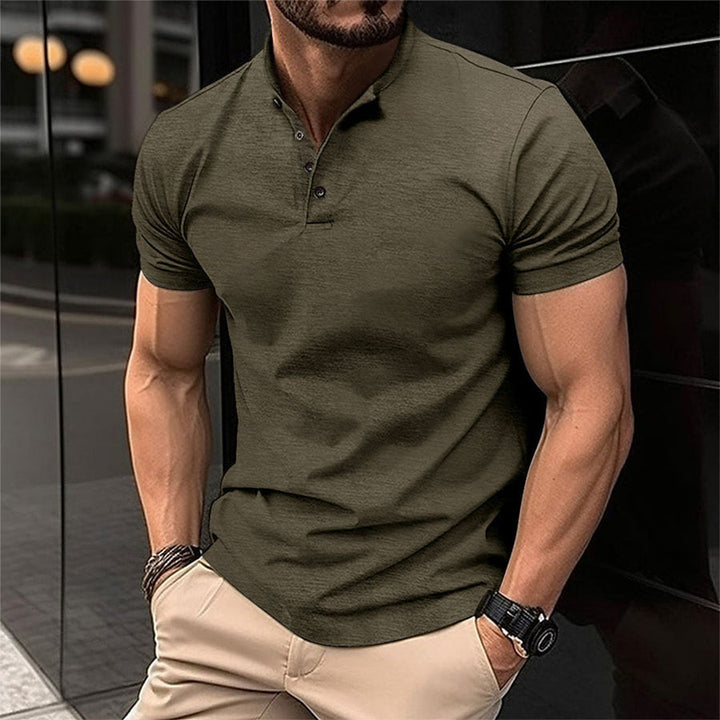 Men's short sleeve Henley polo shirt, perfect for casual wear. Stylish, fitted, and comfortable.