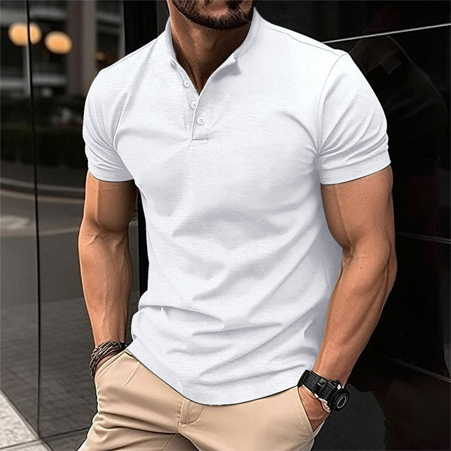 Stylish men's Henley polo with band collar, short sleeves. Ideal smart casual summer top & mens fashion.