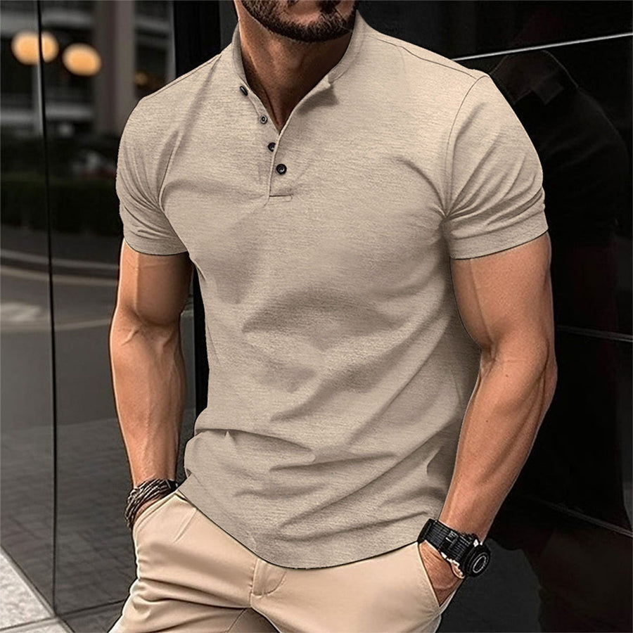 Fitted men's short sleeve Henley polo, a trendy choice for casual & smart-casual mens apparel.