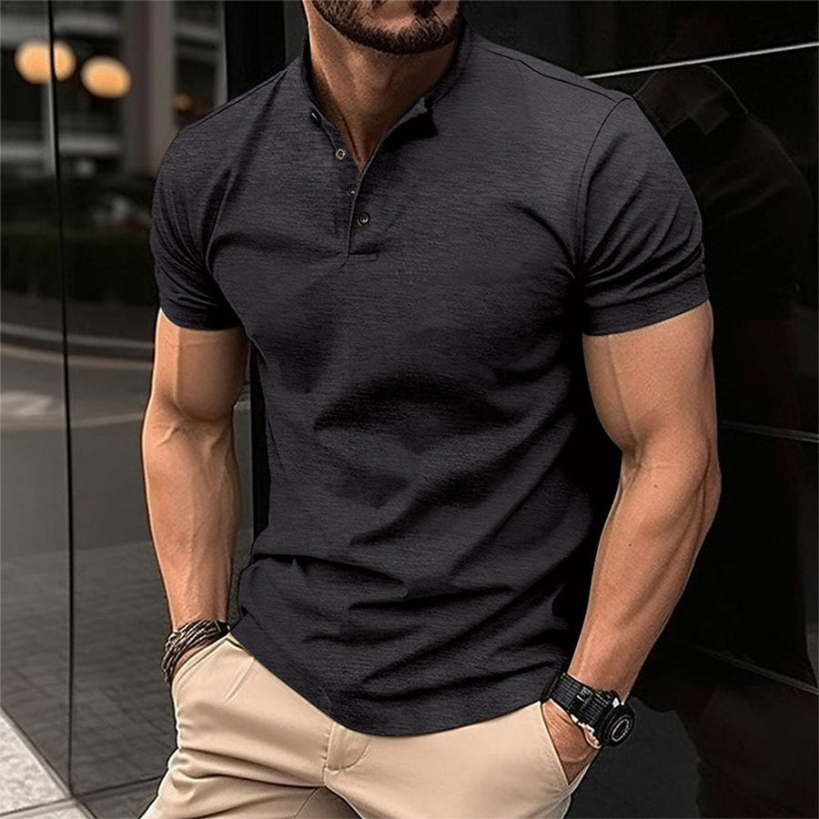 Modern men's Henley polo shirt, short sleeve & band collar. Essential stylish top for casual summer fashion.