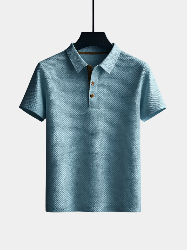 Men's short sleeve textured polo shirt, ideal for comfortable casual and smart casual style.