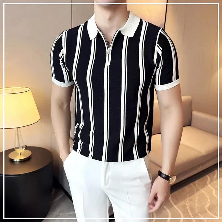 Men's short-sleeve zipper polo shirt for modern casual and smart casual wear.