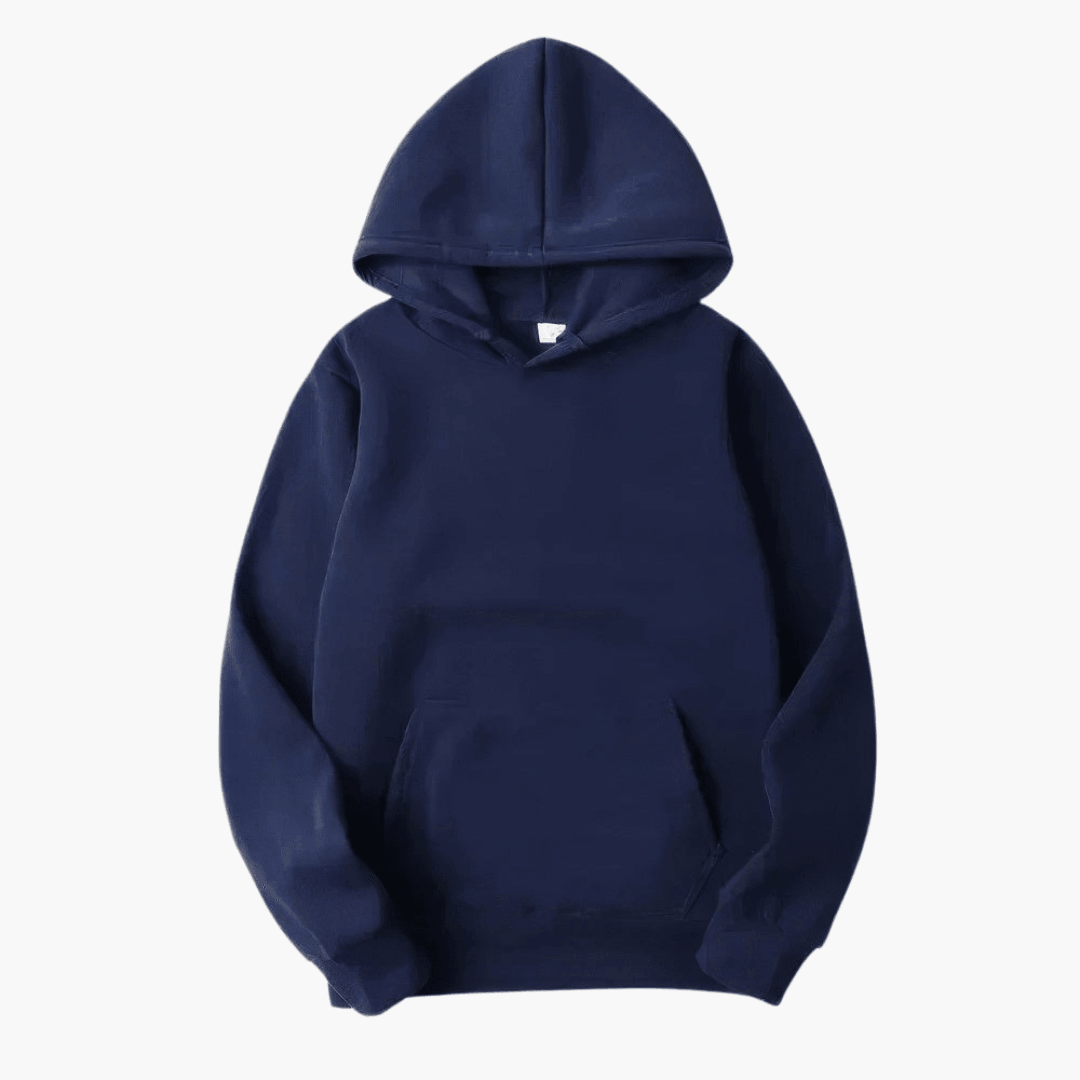 Front view of a basic men's solid hoodie, long sleeve, ideal for comfortable daily wear.