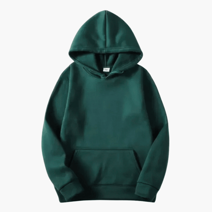 Back view of a men's solid color long sleeve hoodie, a versatile basic for men's casual wear.