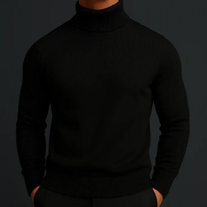 Close-up of a men's sleek sculpted turtleneck sweater's knit texture, highlighting its sophisticated winter style.