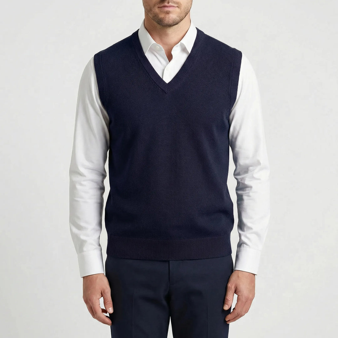 Classic men's V-neck sweater vest. Great for casual wear or smart layering in men's fashion.