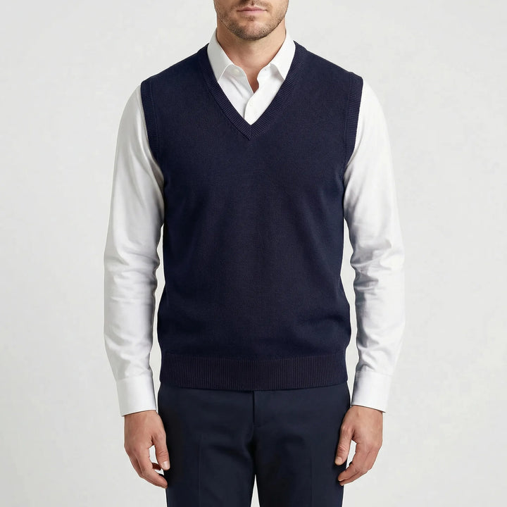 Classic men's V-neck sweater vest. Great for casual wear or smart layering in men's fashion.
