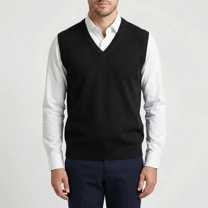 Men's V-neck sleeveless vest. Essential layering for modern men's fashion and style.