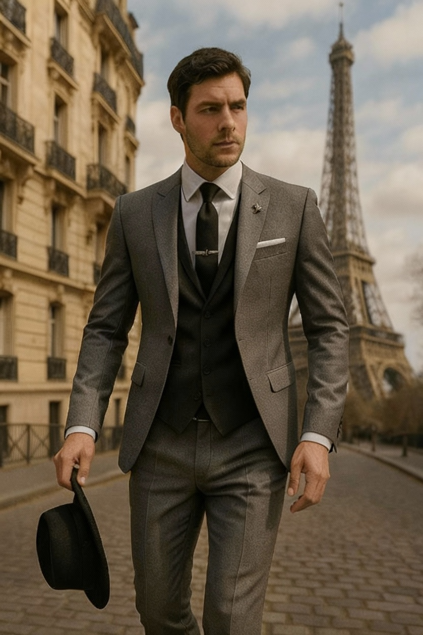 Elegant men's 3-piece slim fit wedding suit for grooms & guests. Sophisticated formal wear.