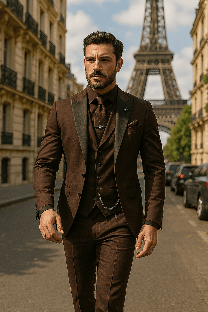 Full body view of a man in a stylish slim fit 3-piece suit, ready for a formal event.