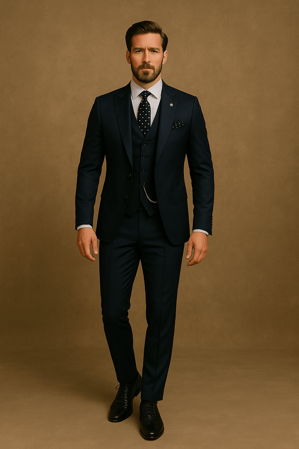 Dark men's slim fit 3-piece suit, a sophisticated choice for any formal occasion or business wear.