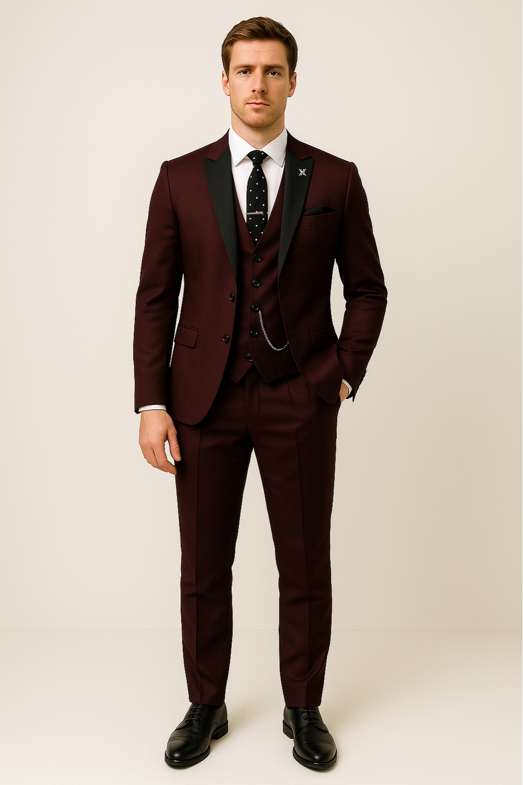 Elegant men's burgundy three-piece suit with jacket, vest, and trousers. Slim-fit formal eveningwear.