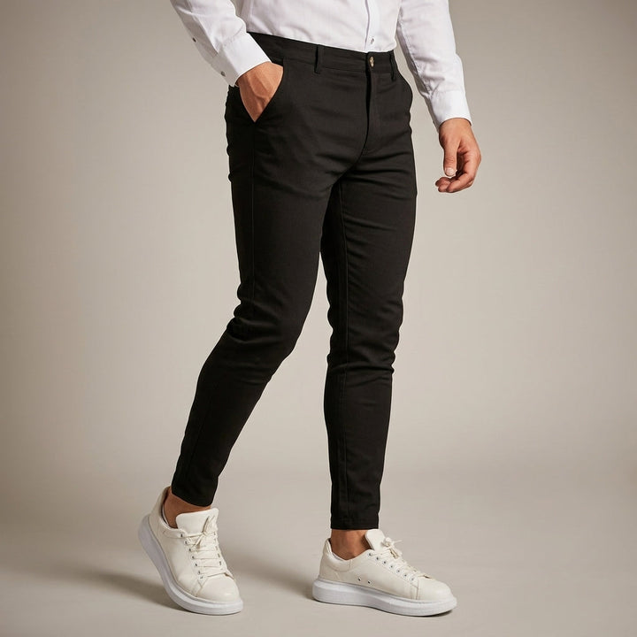 Professional men's dress pants for office, meetings & formal events. Slim fit design offers a contemporary look.