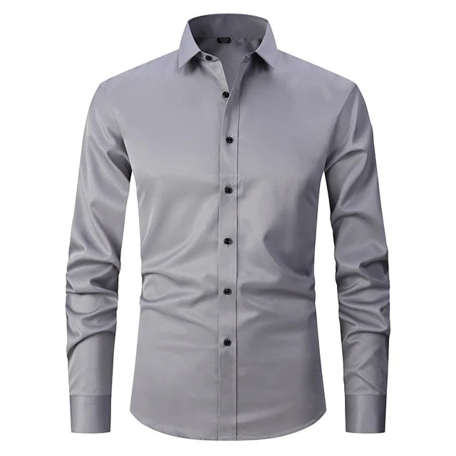 Men's slim-fit button-down casual shirt, long sleeve, solid color, front view. Wardrobe staple.