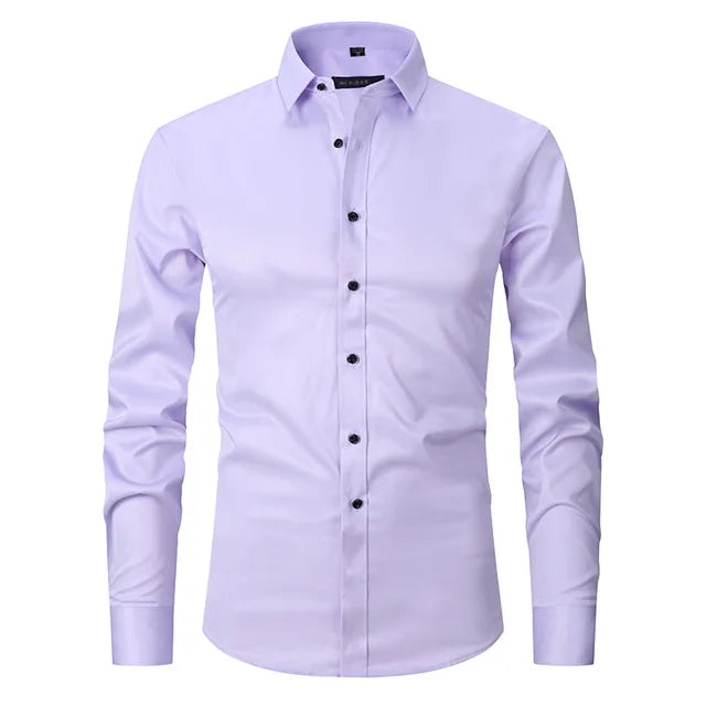 Men's slim-fit casual dress shirt in light blue, perfect for various occasions. Menswear.
