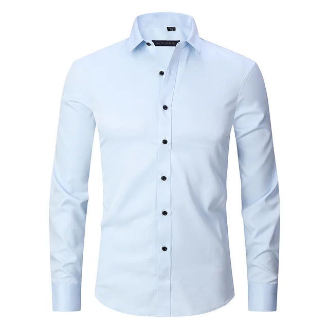 Men's slim-fit button-down shirt, styled tucked in, showcasing a clean, formal casual look.
