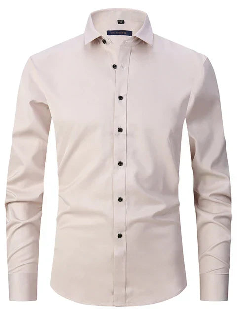 Men's slim-fit long-sleeve dress shirt, buttoned up, styled for a casual yet smart look.
